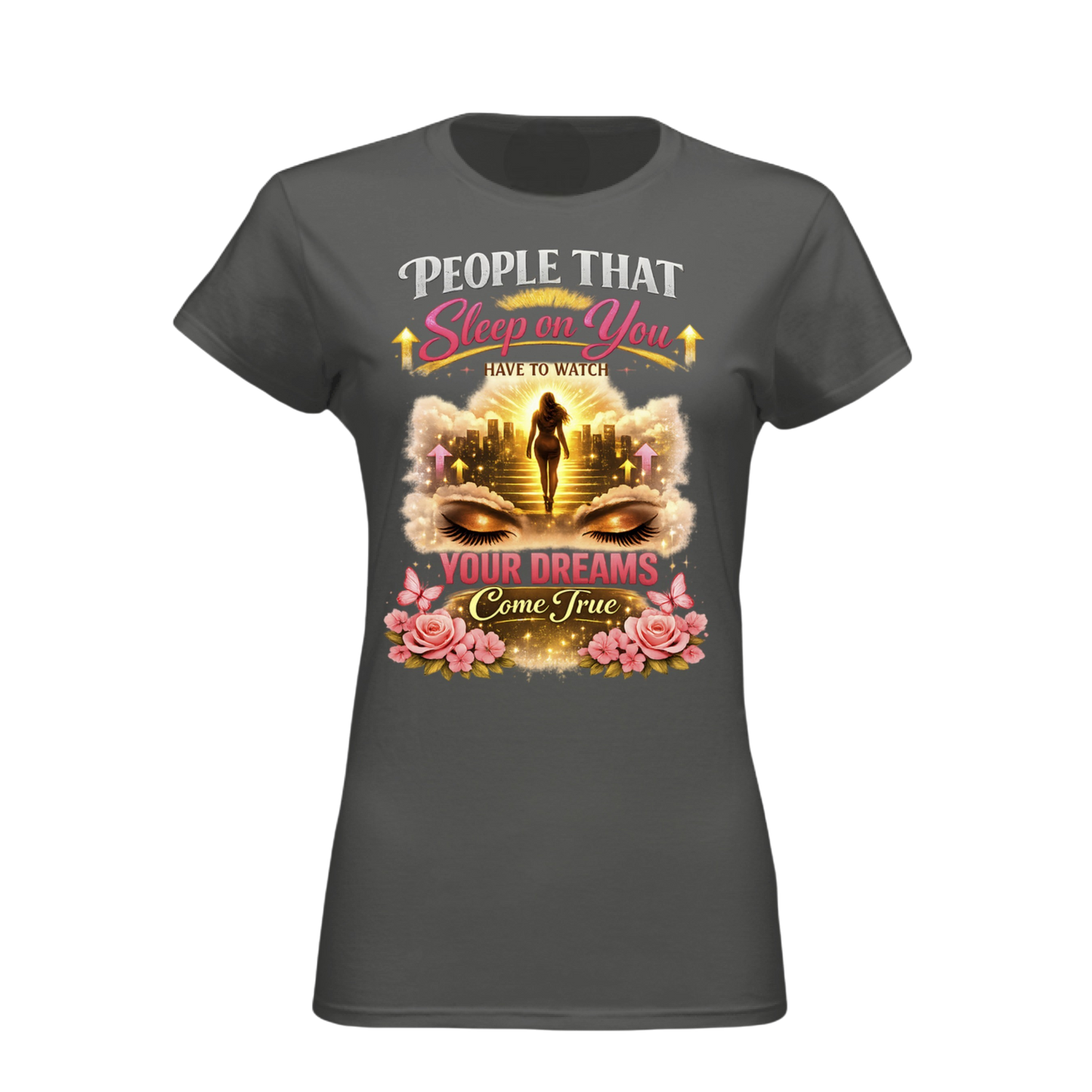 Gray t-shirt with a graphic design featuring text and a silhouette of a woman.