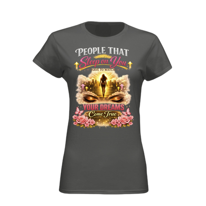 Gray t-shirt with a graphic design featuring text and a silhouette of a woman.