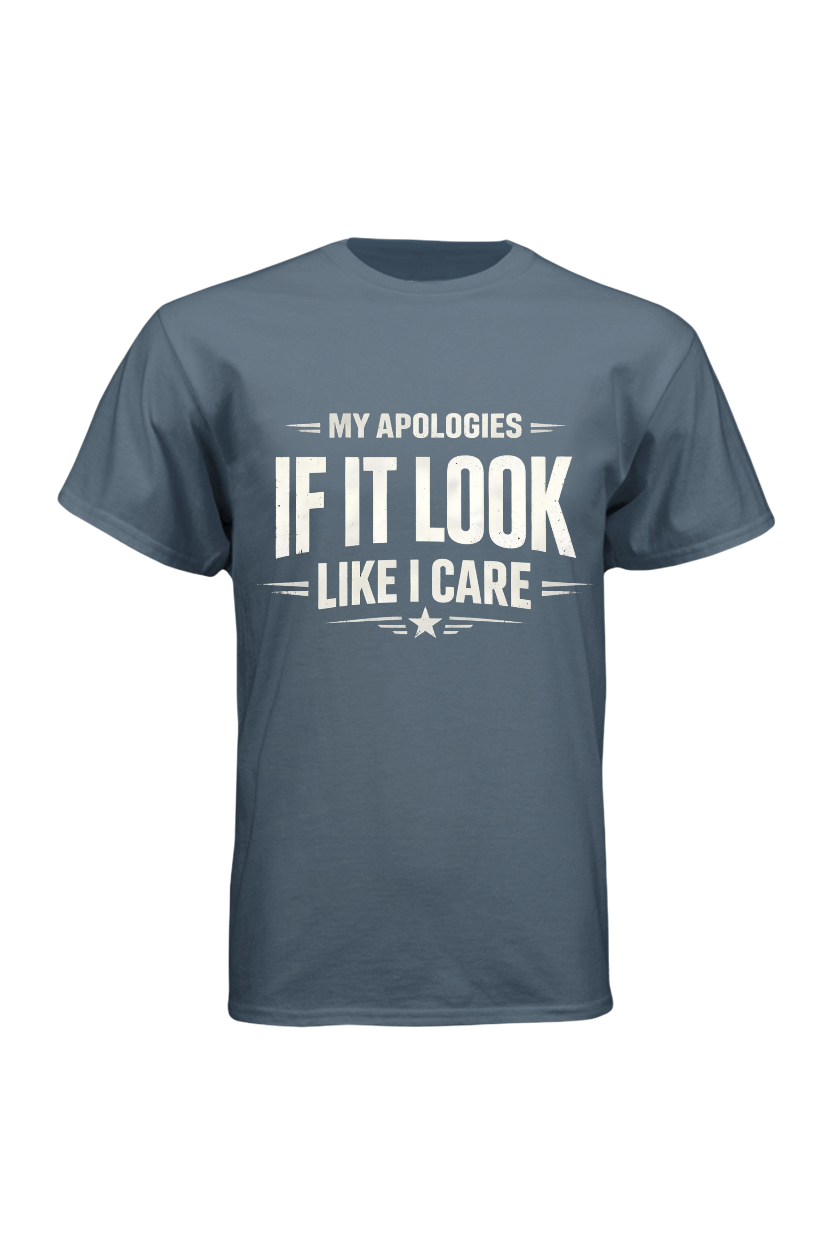 Blue t-shirt with white text on a white background