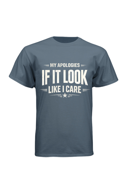 Blue t-shirt with white text on a white background