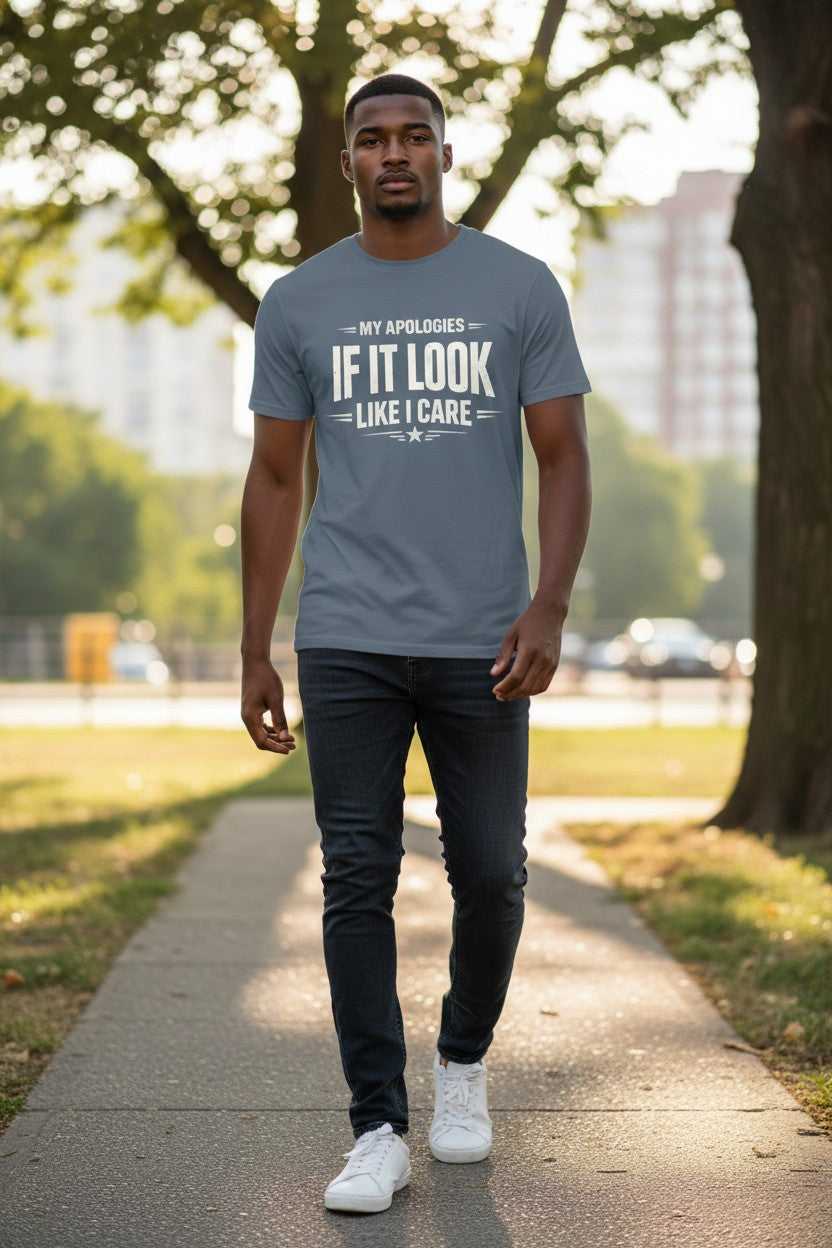 Man wearing a t-shirt with text walking on a path outdoors