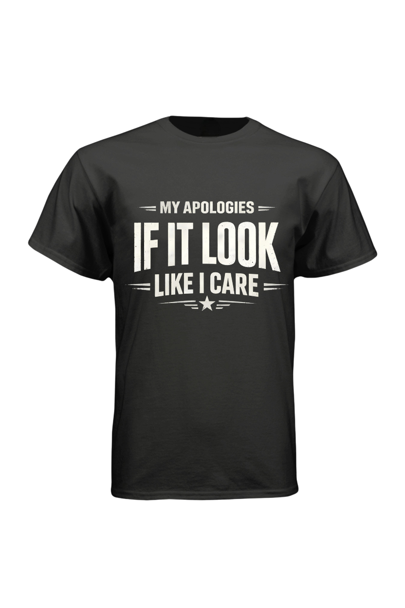 Black t-shirt with white text on a white background