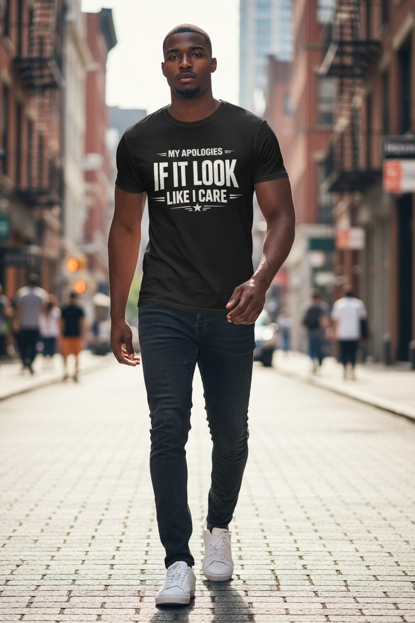 Man walking on a city street wearing a black t-shirt with text.