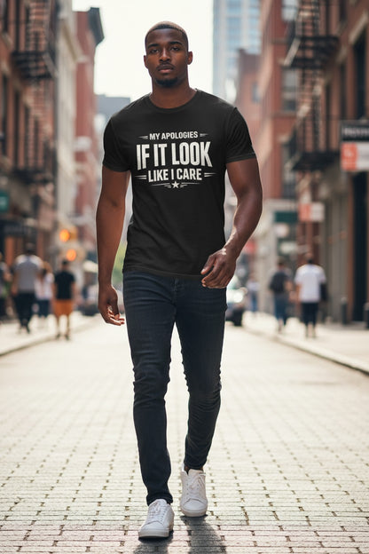 Man walking on a city street wearing a black t-shirt with text.