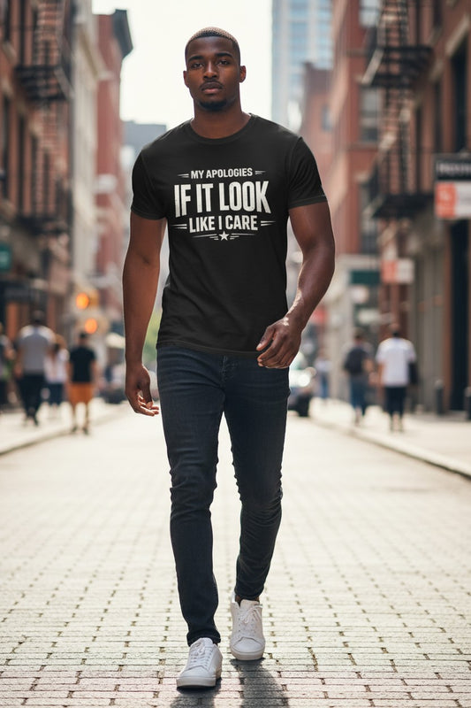 Man walking on a city street wearing a black t-shirt with text.