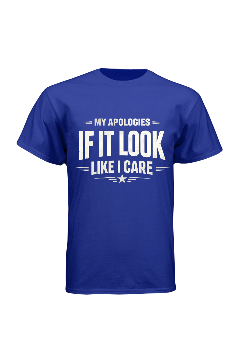 Blue t-shirt with white text on a white background