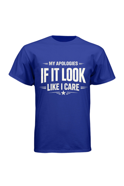 Blue t-shirt with white text on a white background