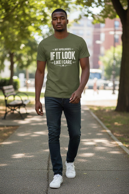 Man wearing a green t-shirt with text on a sidewalk