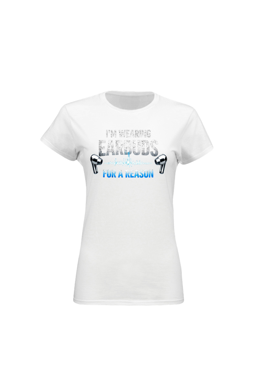 White t-shirt with text and graphic design on a white background