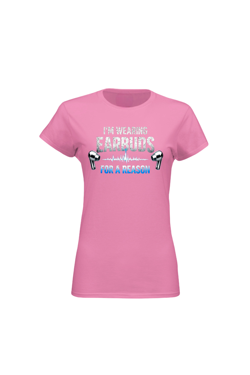Pink t-shirt with text and graphic on a white background