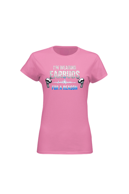 Pink t-shirt with text and graphic on a white background