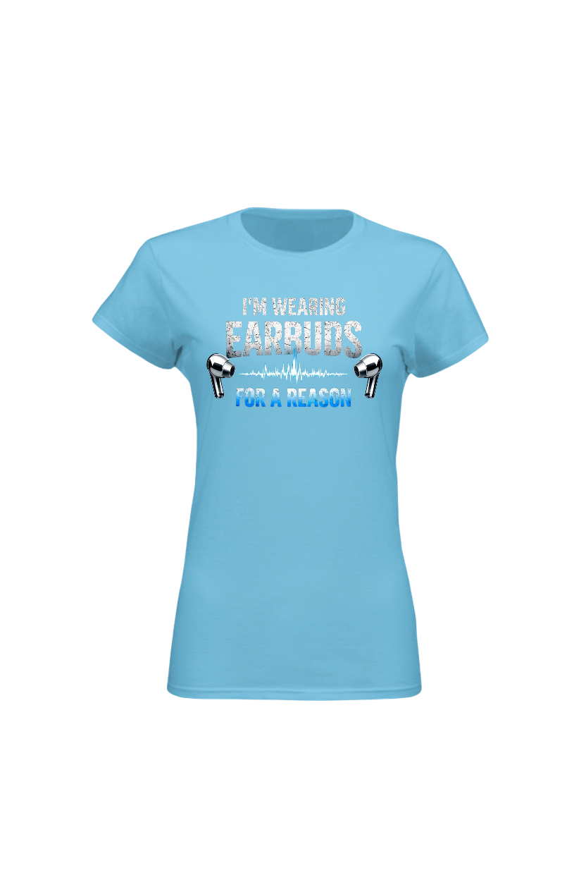 Light blue t-shirt with text and earbud graphics on a white background
