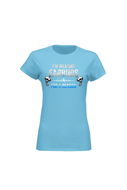 Light blue t-shirt with text and earbud graphics on a white background