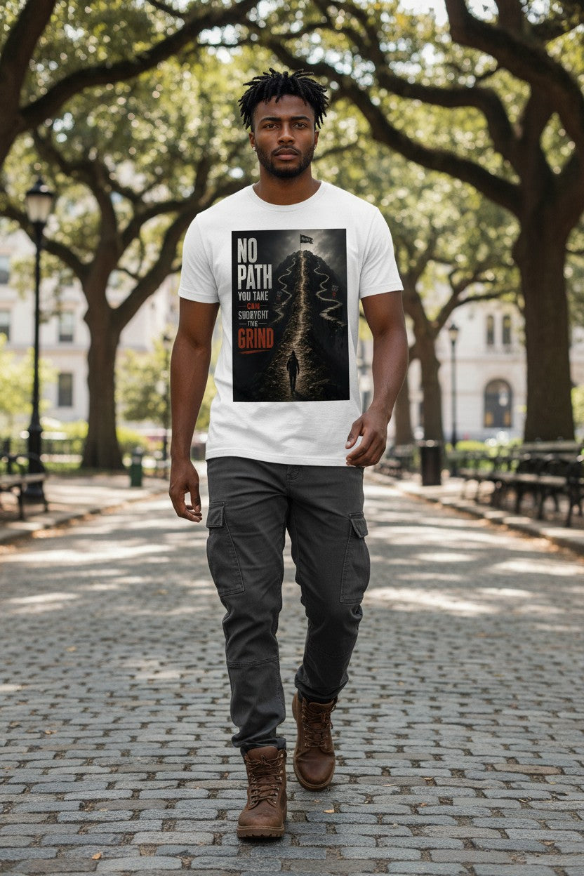 Man wearing a white t-shirt with a graphic design in an urban park setting