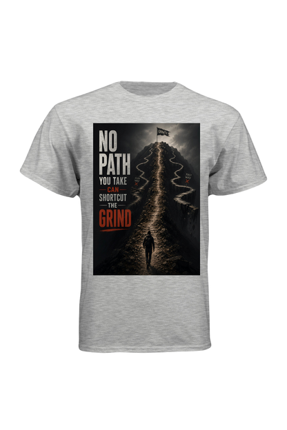 Gray t-shirt with a graphic design on a white background