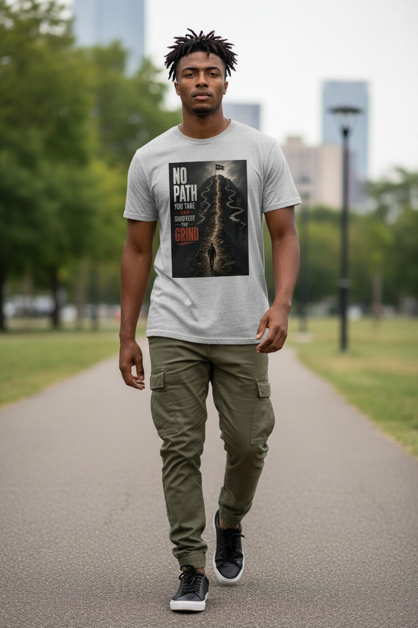 Man walking on a path with a graphic t-shirt and cargo pants in an urban park setting.
