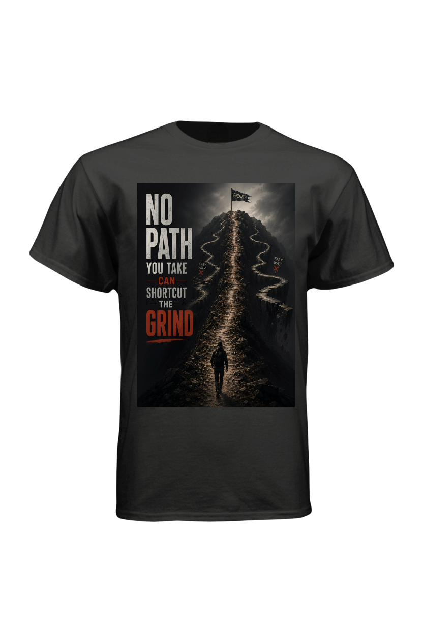 Black t-shirt with graphic design and text on a white background