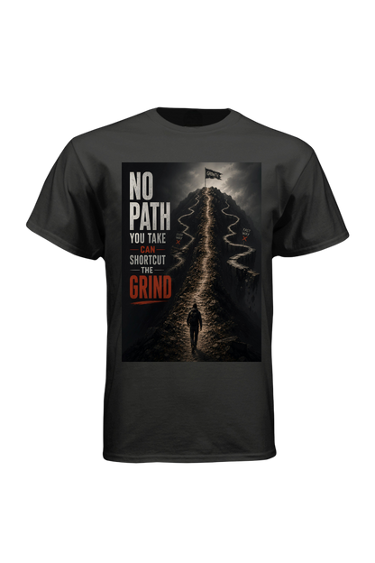 Black t-shirt with graphic design and text on a white background