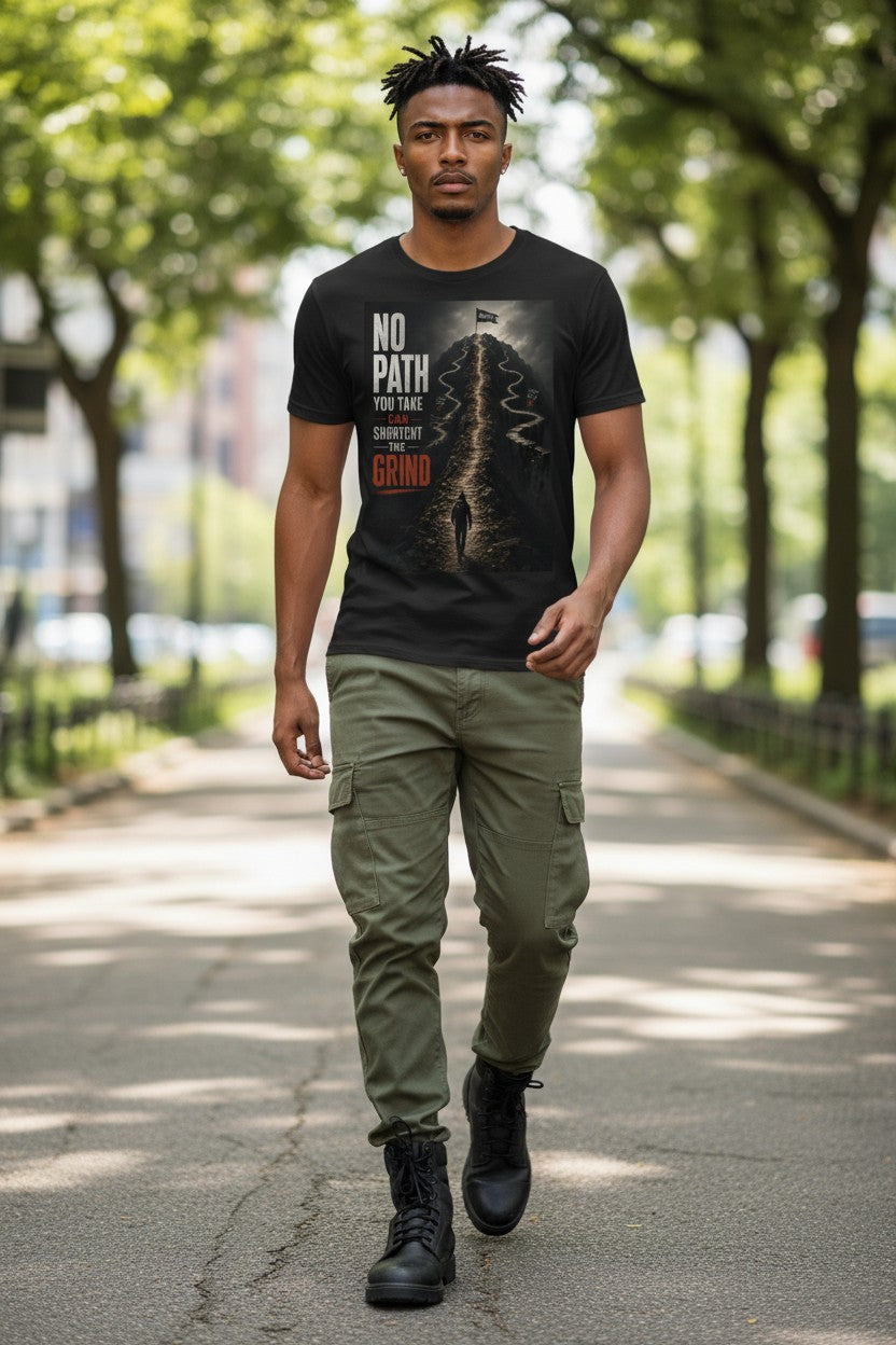 Man wearing a black t-shirt with graphic design and green cargo pants walking on a tree-lined street.