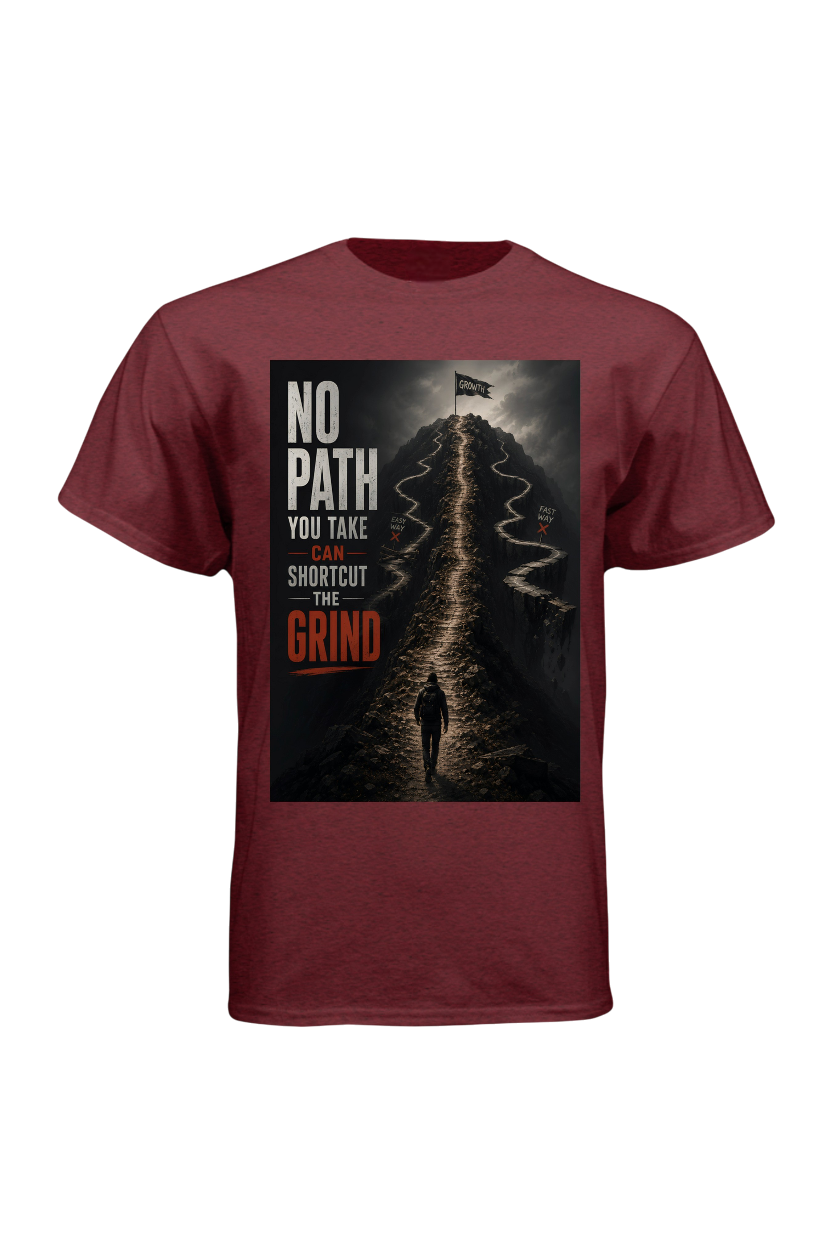 Maroon t-shirt with graphic design and text on a white background