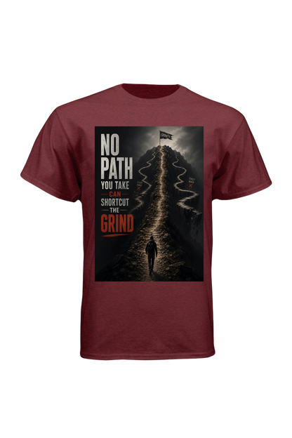 Maroon t-shirt with graphic design and text on a white background