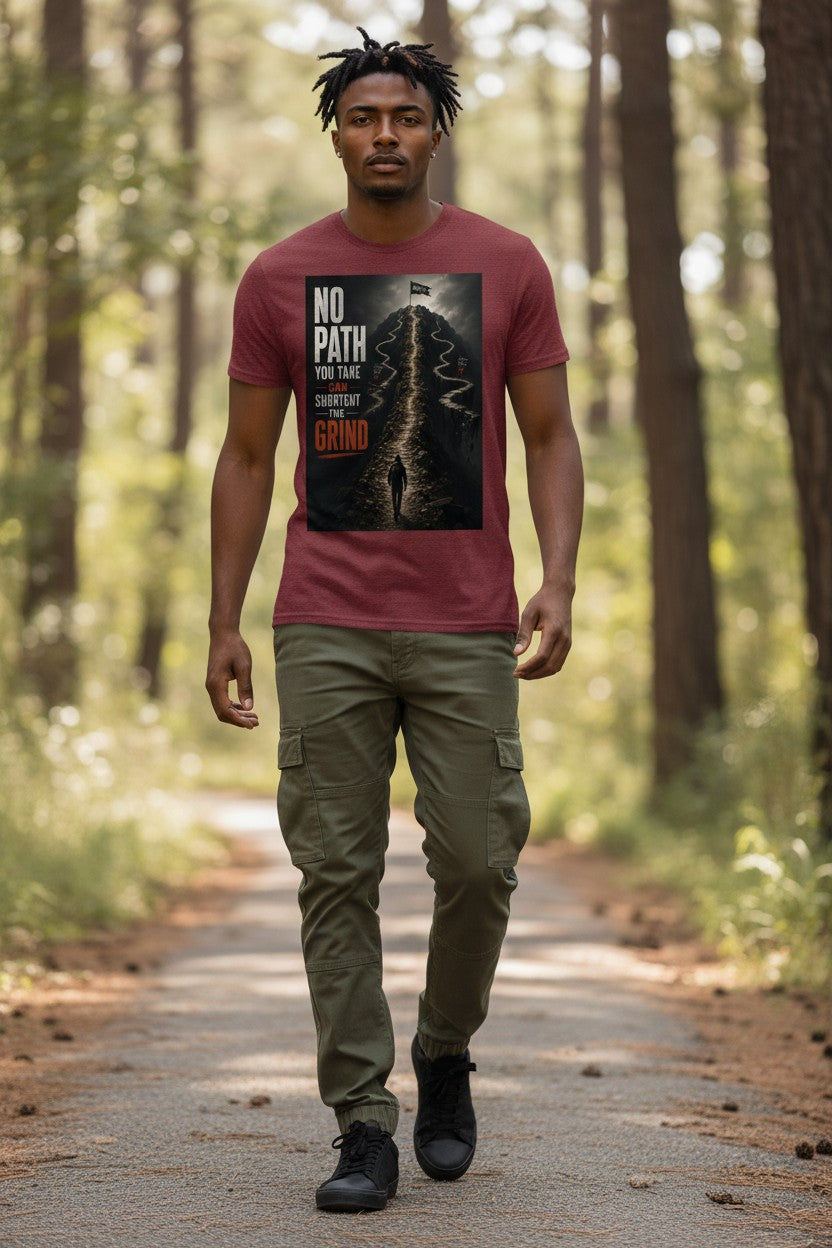 Man wearing a red t-shirt with a graphic design in a forest