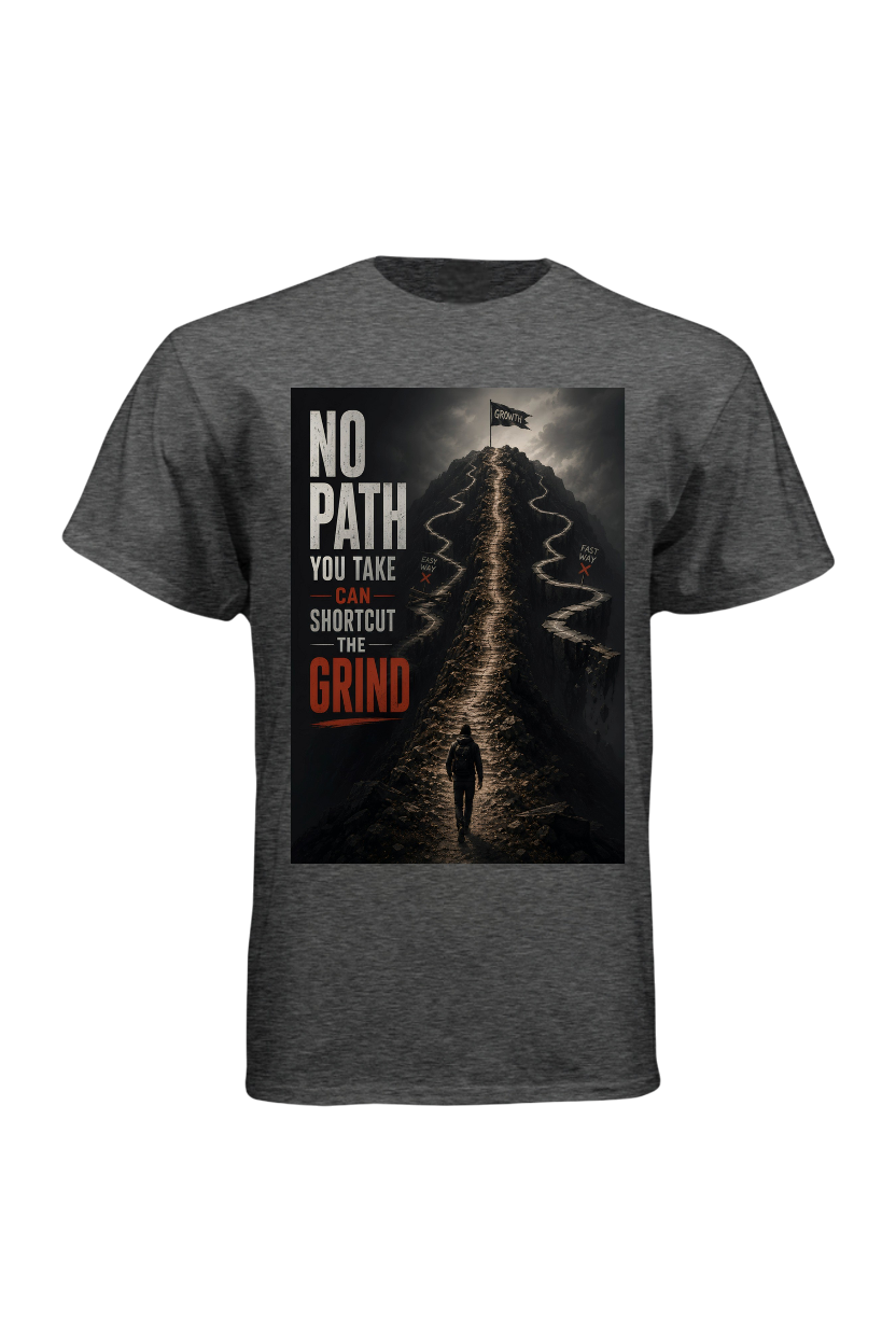 Gray t-shirt with a graphic design and text on a white background