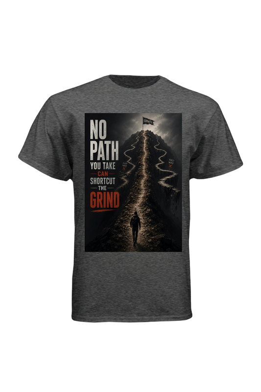Gray t-shirt with a graphic design and text on a white background