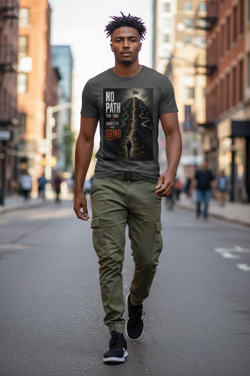 Man walking on a city street wearing a graphic t-shirt and cargo pants.