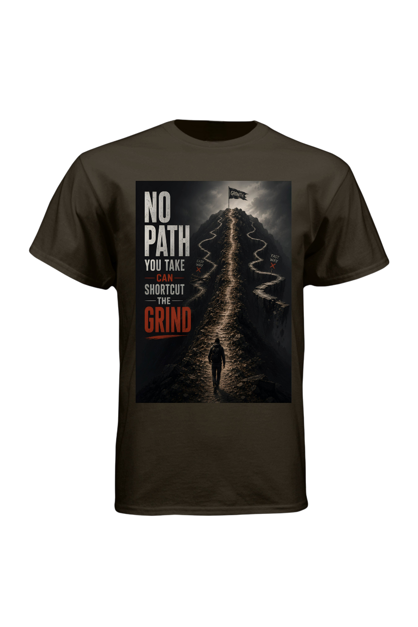 Brown t-shirt with graphic design and text on a white background