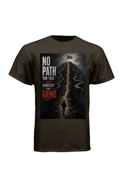 Brown t-shirt with graphic design and text on a white background
