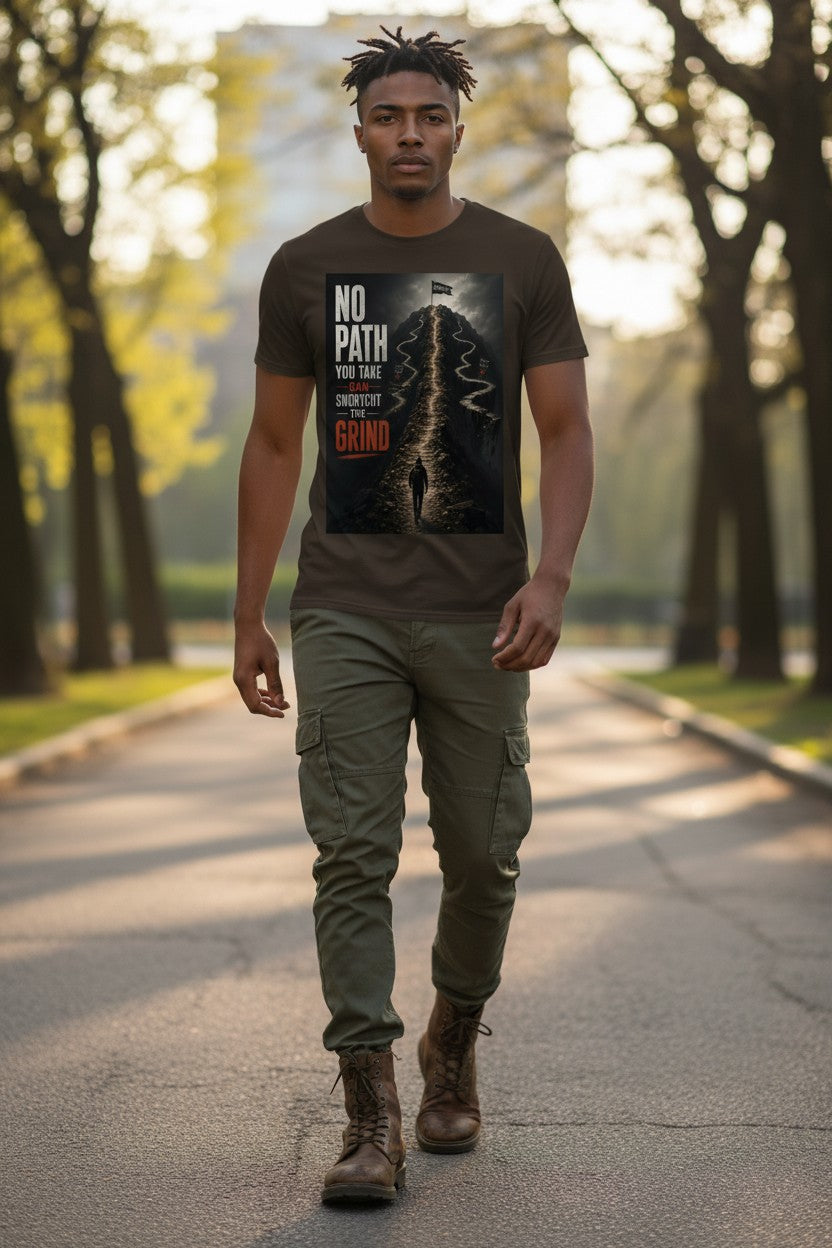 Man walking outdoors wearing a t-shirt with a graphic design and text.