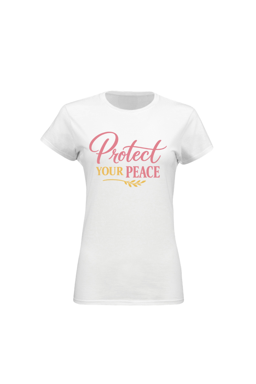 White t-shirt with 'Protect Your Peace' text on a white background