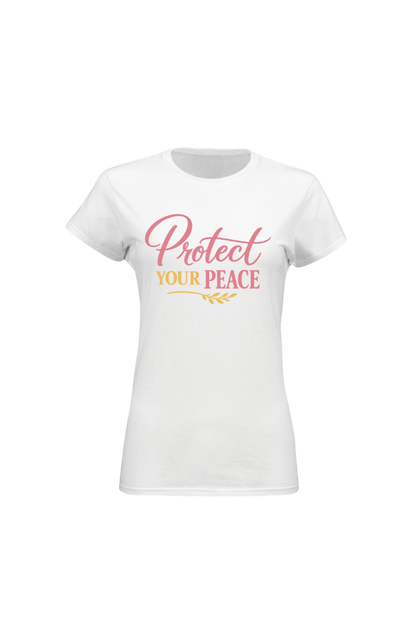 White t-shirt with 'Protect Your Peace' text on a white background