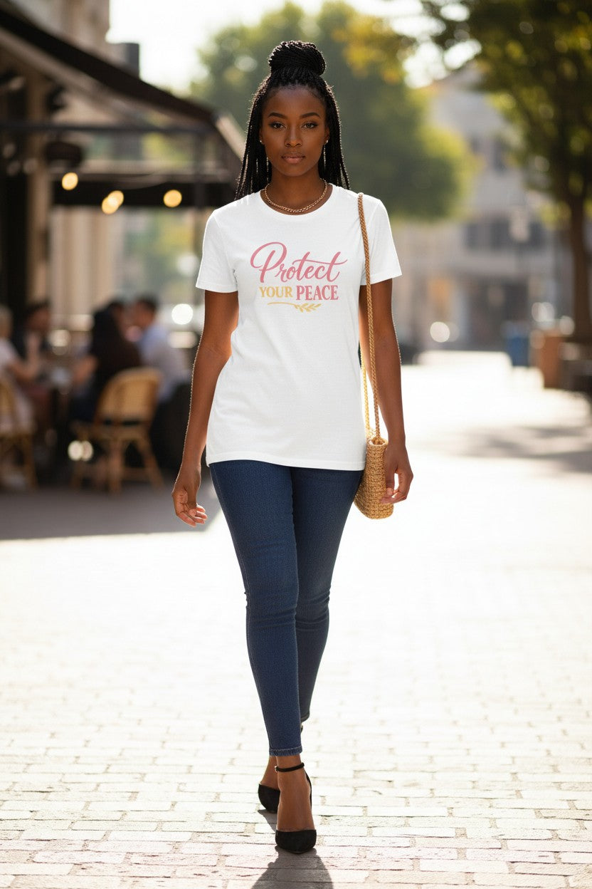 Woman walking on a street wearing a white t-shirt with text and blue jeans.