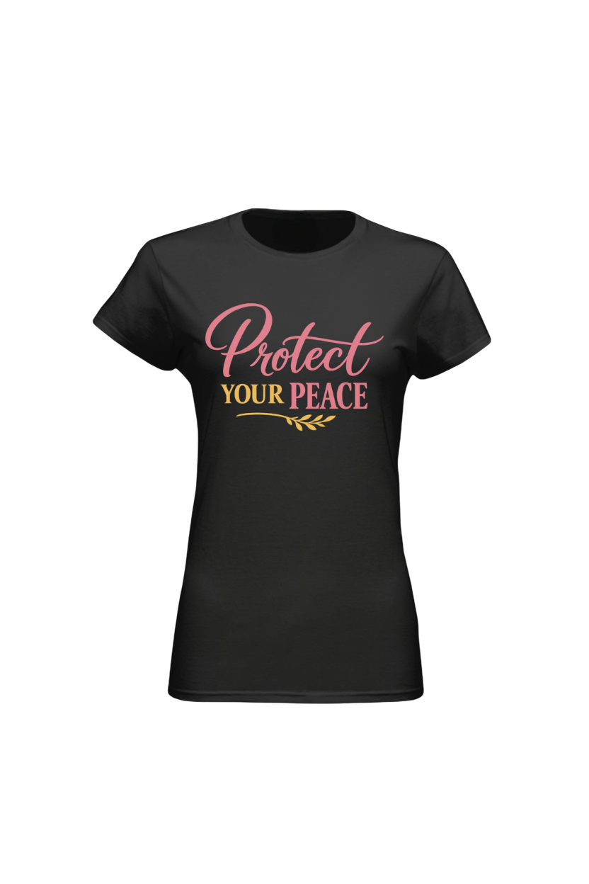 Black t-shirt with 'Protect Your Peace' text on a white background