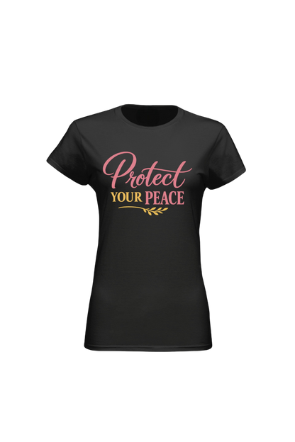 Black t-shirt with 'Protect Your Peace' text on a white background