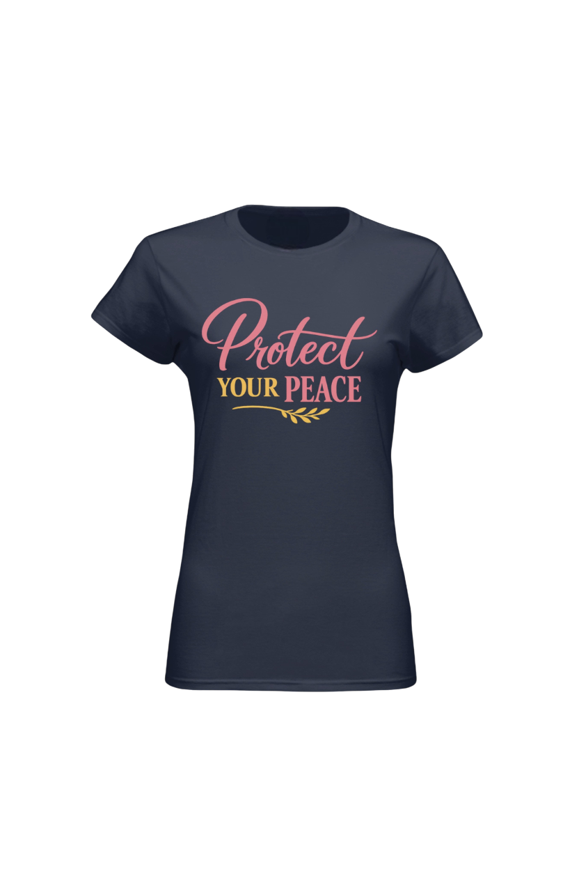Navy blue t-shirt with 'Protect Your Peace' text on a white background