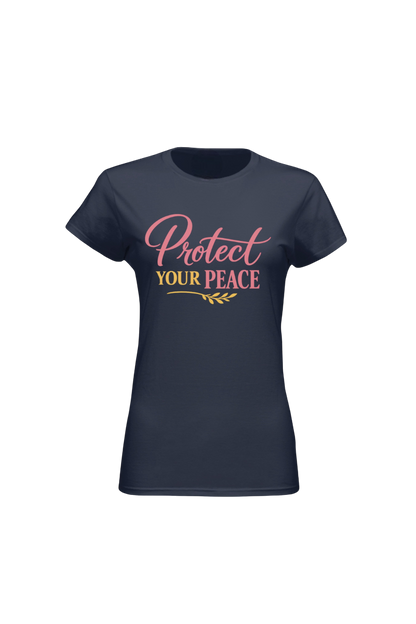 Navy blue t-shirt with 'Protect Your Peace' text on a white background