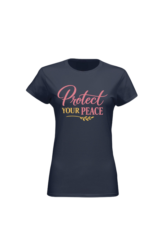 Navy blue t-shirt with 'Protect Your Peace' text on a white background