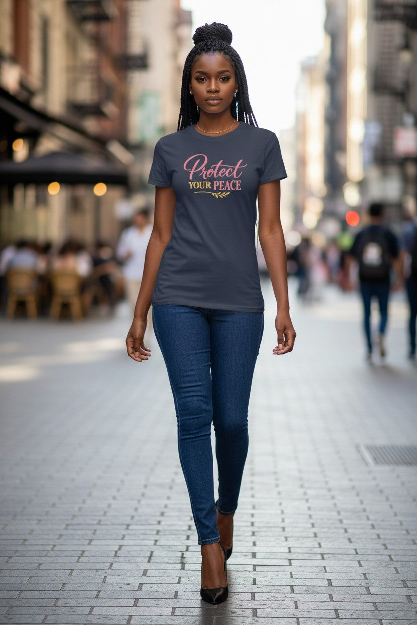 Woman walking on a city street wearing a t-shirt with a message.