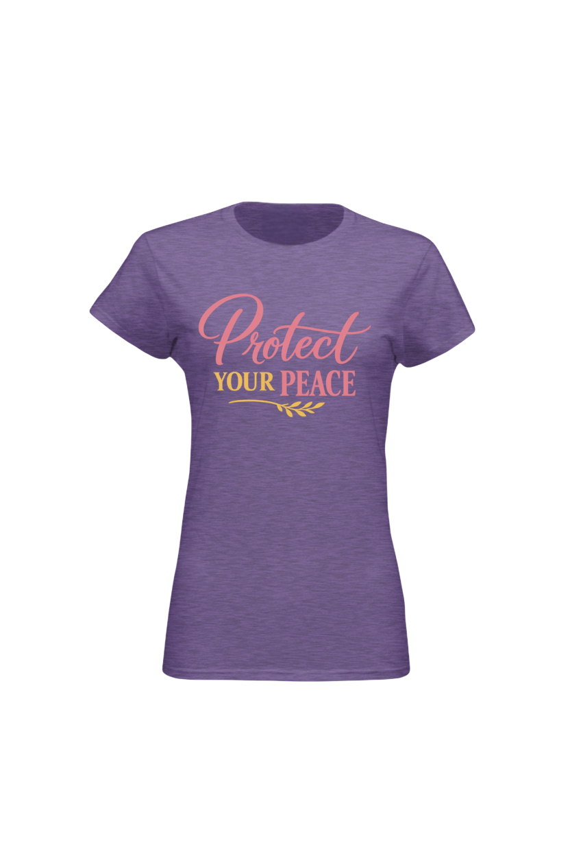 Purple t-shirt with 'Protect Your Peace' text on a white background
