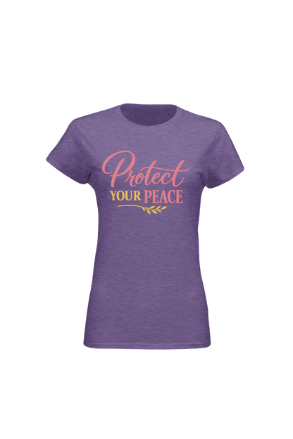 Purple t-shirt with 'Protect Your Peace' text on a white background