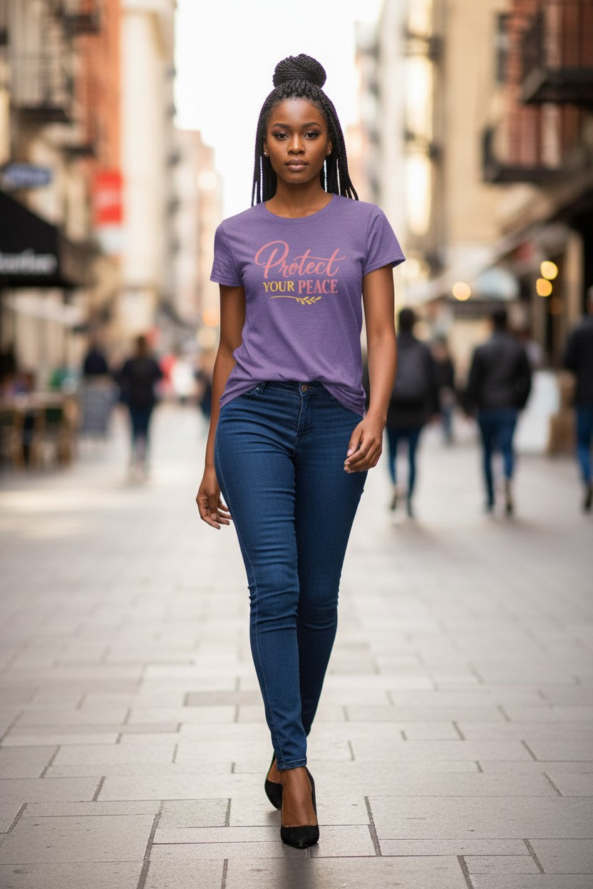 Woman wearing a purple t-shirt with text walking on a city street.