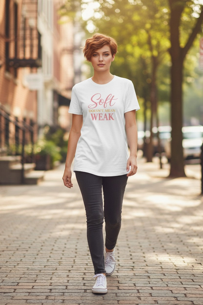 Woman walking outdoors wearing a white t-shirt with text