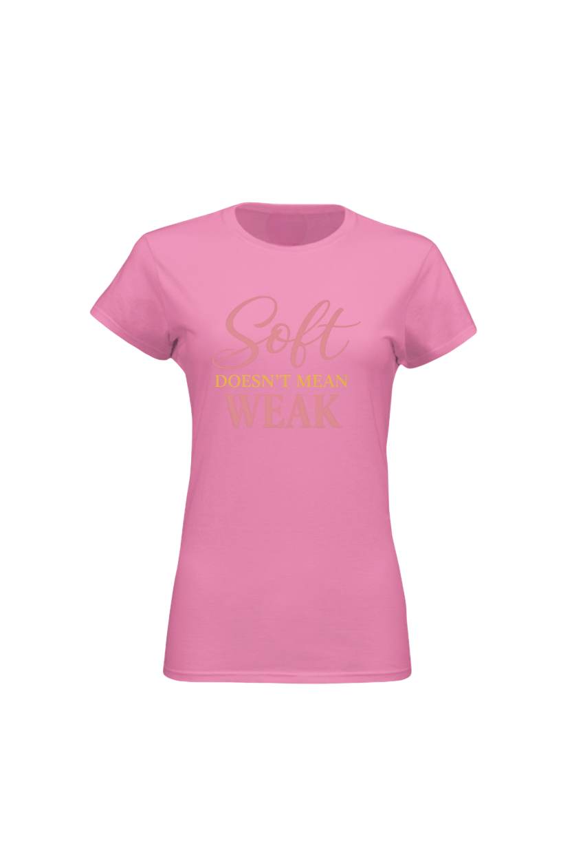 Pink t-shirt with gold text on a white background