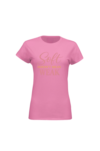 Pink t-shirt with gold text on a white background