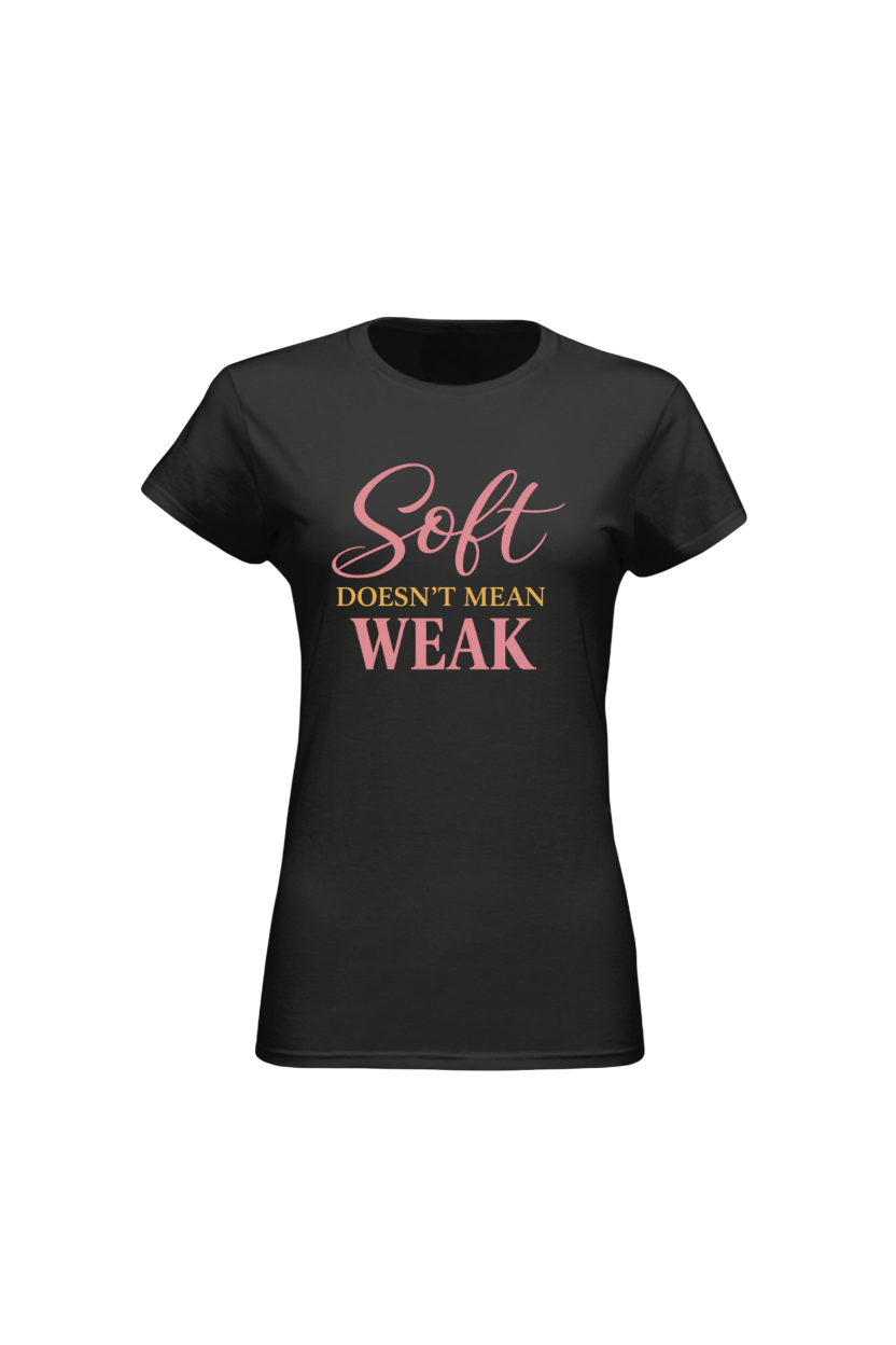 Black t-shirt with pink and white text on a white background
