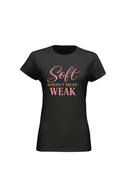Black t-shirt with pink and white text on a white background