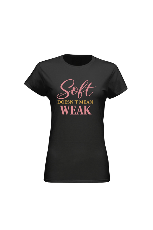Black t-shirt with pink and white text on a white background